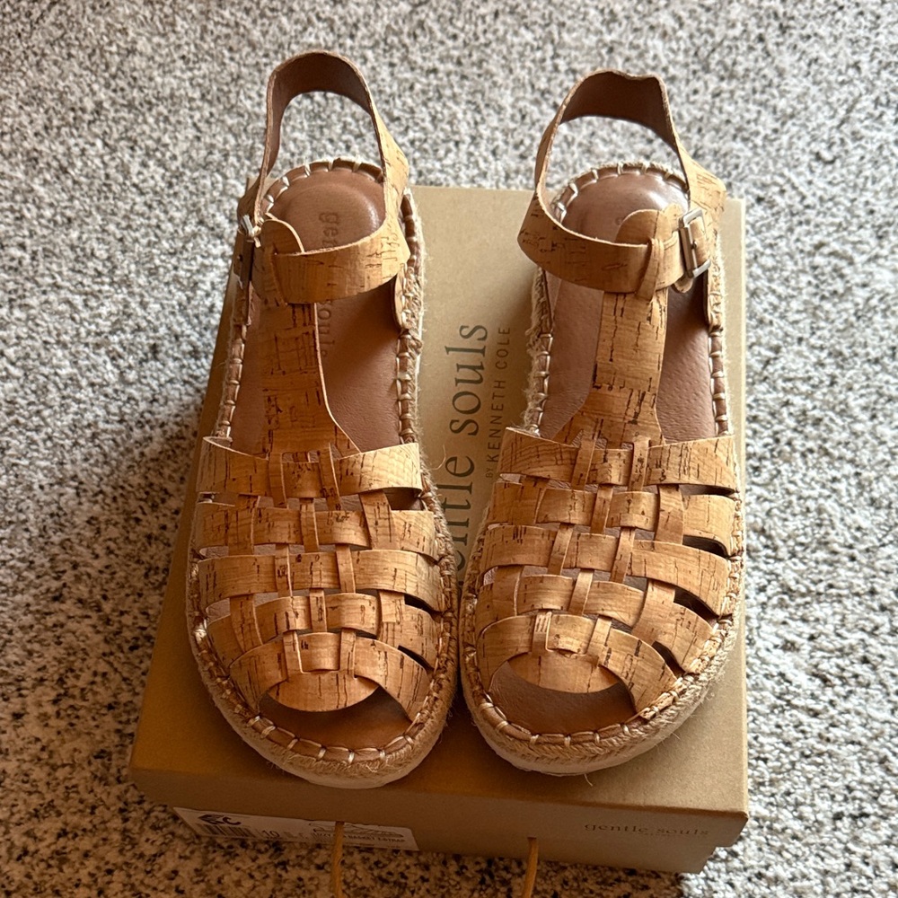 gentle souls Cork Woven T-Strap Sandals in Natural Tan